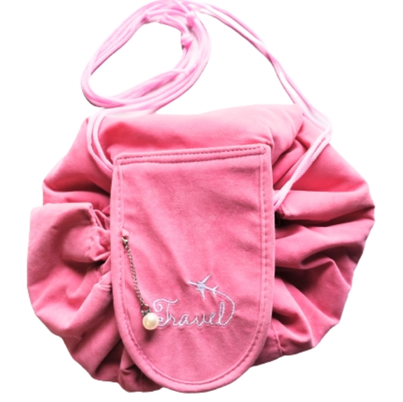 Travel Handbags - Draw string Rose Pink Charm Cosmetics Makeup Travel Bag